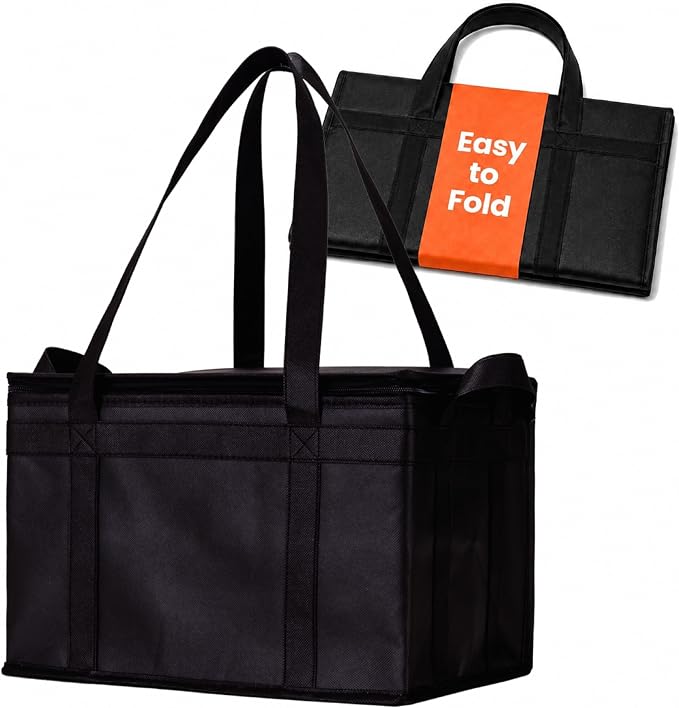 Insulated Food Bag, Portable Cooler Tote (Large, Black, 1 Pack) | Thermal bag, For cold and hot food, Soft sided cooler, Heavy duty 5-layered tote, Grocery shopping, Beach or travel bag