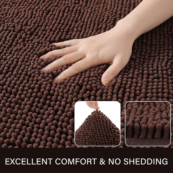 LOCHAS Luxury Bathroom Rug Shaggy Bath Mat 24 x 44 Inch, Brown | Washable Non Slip Bath Rugs for Bathroom Shower, Soft Plush Chenille Absorbent Carpets