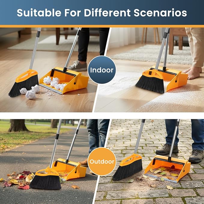 REEWII Large Broom and Dustpan Set，Long Handle Upright Dust Pan Outdoor Indoor for Courtyards, Garages, Lobbies, Shopping Malls, Market Floors, Sidewalks, Classroom Floor Cleaning