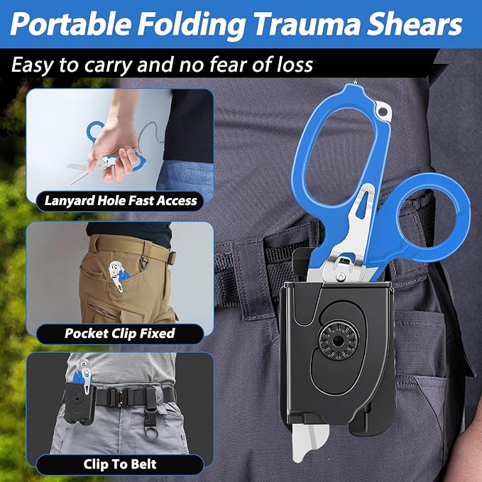 Lenporl 2 Pack Foldable Trauma Shears with Compatible Holster, Emergency Shears with Strap Cutter and Glass Breaker for Outdoor Camping Medical Scissors Tools Blue
