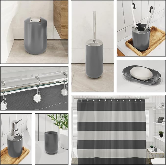 Clara Clark Bathroom Accessories Set - Bathroom Set with Adhesive Corner Shower Caddy Hanging, 25PC Bathroom Accessory Set, Grey Shower Curtain Set, Toilet Brush, Trash Can & Soap Dispenser