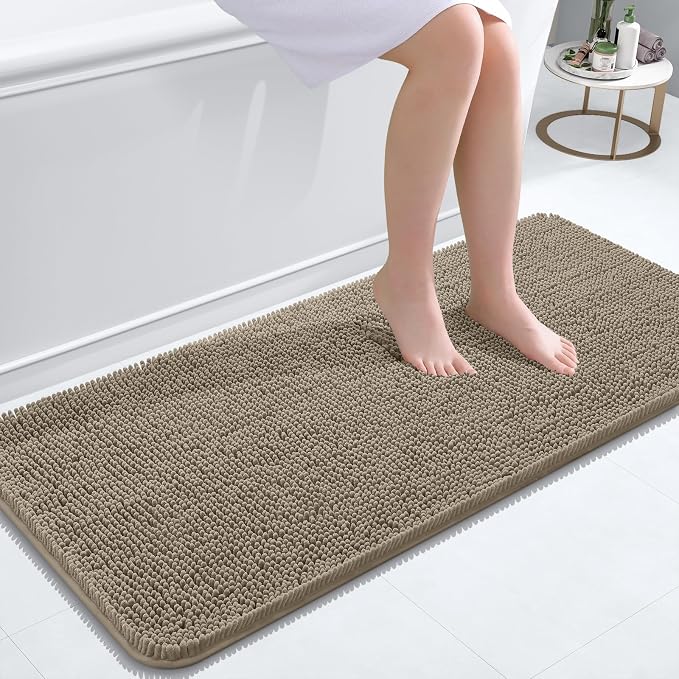 OLANLY Bathroom Runner Rugs 47x20, Soft Absorbent Chenille Bath Rugs, Rubber Backing Quick Dry, Machine Washable Long Bath Mats for Bathroom Floor, Tub and Shower, Home Decor Accessories, Warm Taupe