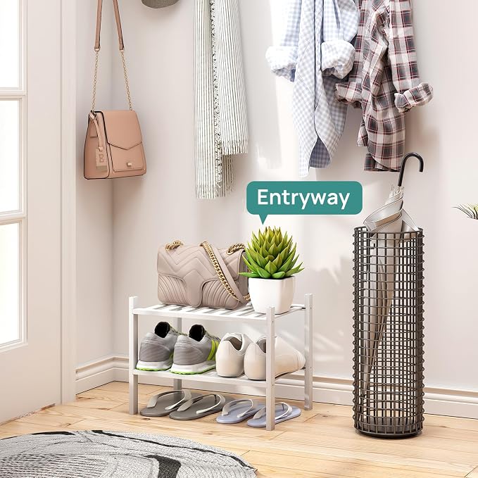 viewcare White Small Shoe Rack for Entryway,2-Tier Bamboo Shoe Organizer for Hallway Closet, Free Standing Shoe Racks for Indoor Outdoor
