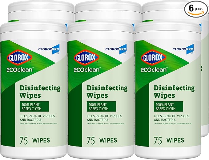 CloroxPro Clorox EcoClean Disinfecting Wipes, Multi Purpose Bleach Free Cleaner, Made with Citric Acid and Plant Based Ingredients, Antibacterial Disinfectant, Multi Surface Use, 75 Ct, Pack of 6