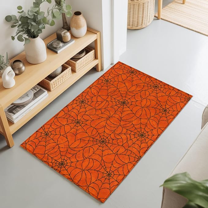 Entryway Area Rug 2'x3', Orange Halloween Washable Small Area Rugs for Kitchen Bathroom Bedroom Office Laundry, Black Spiders Net Classic Gingham Non Slip Door Mat Indoor Entrance Floor Throw Carpet