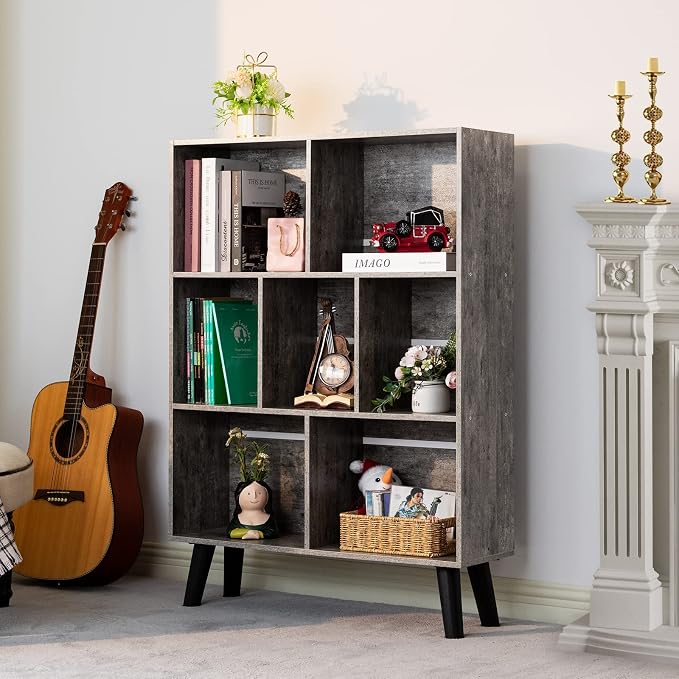 LEYAOYAO Cube Bookshelf, Mid-Century Modern Book Shelf with Legs,Dirty Grey | 3 Tier Bookcase, Rustic Wood Bookshelves Freestanding Small Storage Organizer, Open Shelves for Bedroom, Living Room, Office