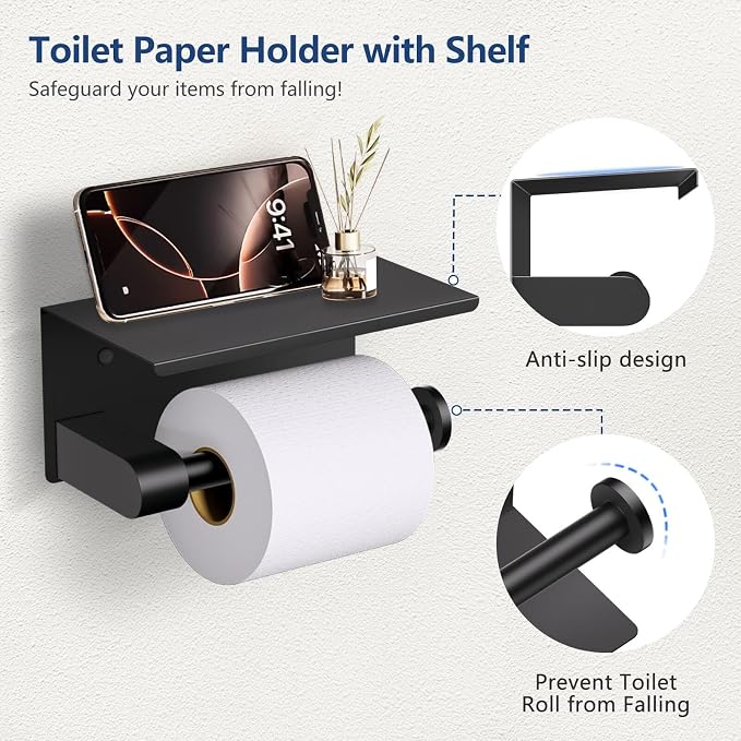 TQKAG 5 Piece Bathroom Towel Bar Holder Sets Matte Black Bathroom Hardware Set Stainless Steel Toilet Paper Holder with Shelf Bathroom Accessories Kit Wall Mounted