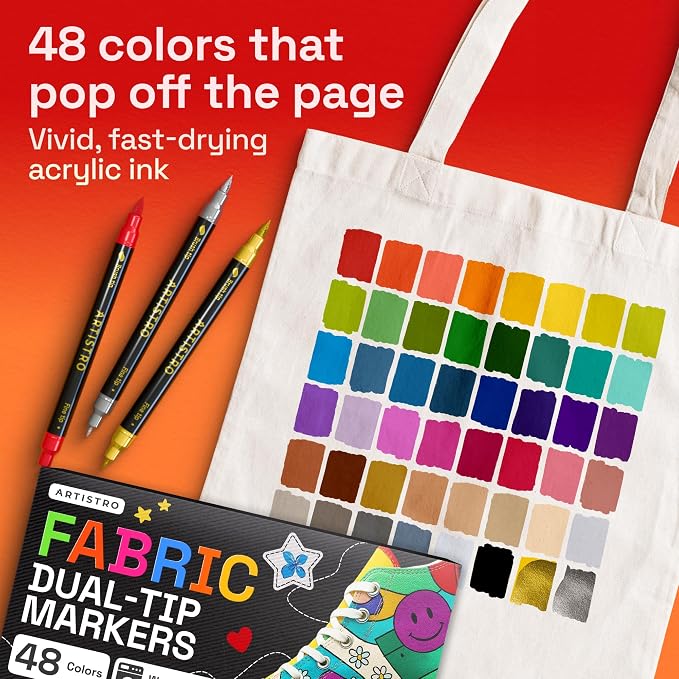 ARTISTRO 48 Dual-Tip Fabric Markers Decorating Kit, Permanent for Clothes | Brush & Fine Tip, Acrylic Paint Pens for Sneakers, Bags, Shoes, Textiles, Canvas, Sewing, Craft, & DIY