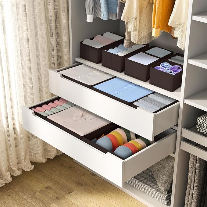 DIMJ Drawer Organizer 15 Pack - Foldable Baby Organizers and Storage & Dresser Organizer for Nursery, Bedroom, Closet - Nursery Organization Dresser Dividers for underwear, Sock, Bra, Belt, Tie, Brown