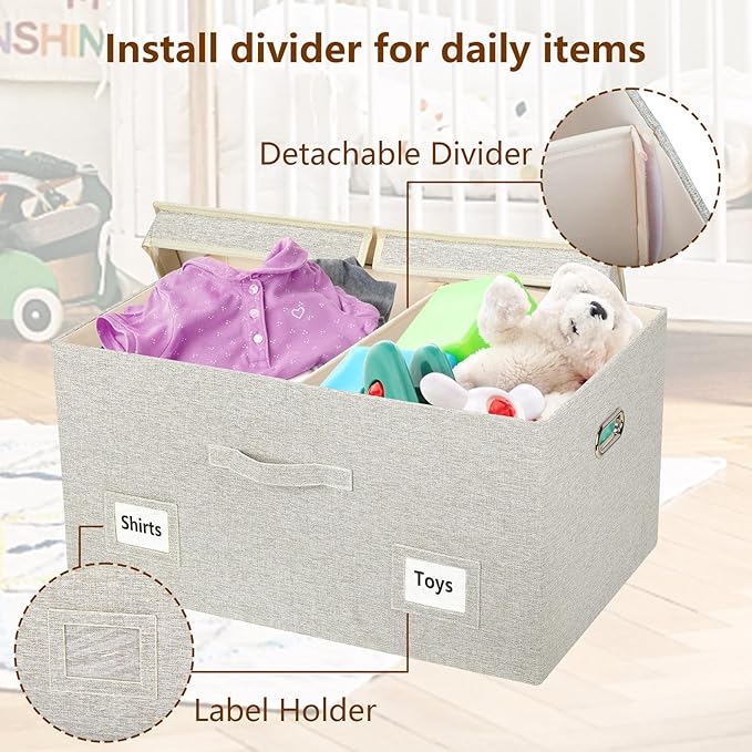Graciadeco 75 Quart Extra Large Decorative Collapsible Storage Bins with Lids, 1 Pack Beige Stackable Boxes