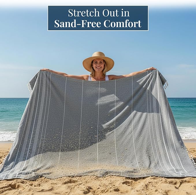 LANE LINEN Beach Blanket Sand Free, Picnic & Giant Beach Towel - Grey | Oversized Beach Towels, 82"x82" - Room For The Whole Family & Friends - Folds Compact, Easy To Carry - Roomy Family Size