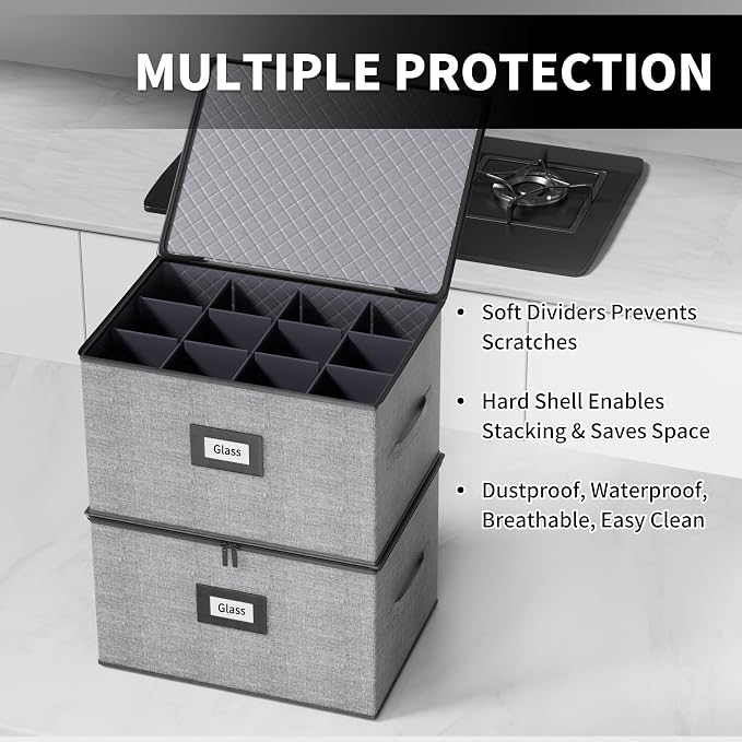 2-Pack Wine Glass Storage Box with Dividers, Hard Shell Stemware Storage | Holds 24 Crystal Glasses & Drinkware, Quilted, Dual Zippers, Reinforced Handles, Stackable, Moving and Seasonal Storage, Grey