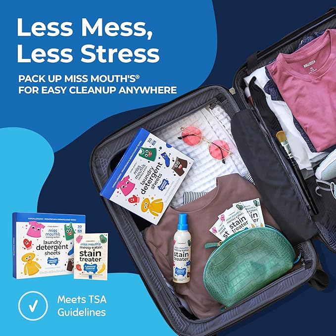 Miss Mouth's Stain Remover Spray & Detergent Sheet Bundle - 3 Bottles, 30 Sheets - On-the-Go Cleaning for Diaper Bag Essentials - Fresh & Set-In Stain Removal for Baby Laundry