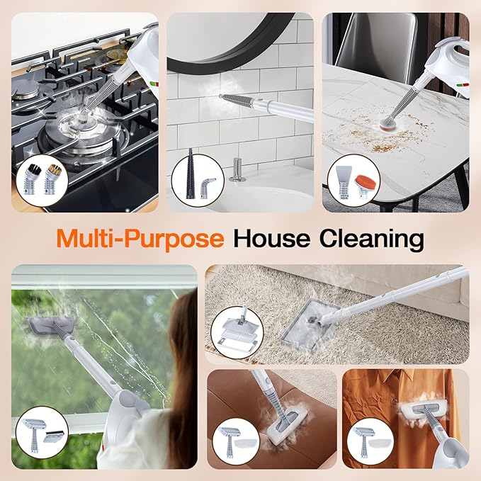 10-in-1 Steam Cleaner, Steam Mop & Detachable Handheld Steam Cleaner, 320ml Water Tank, 10s Fast Heating, Portable Steamer for Kitchen, Floor, Tiles, Window, BBQ Grill, Car, Bright White