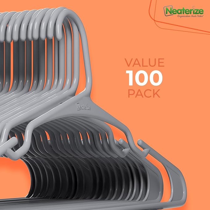 NEATERIZE Clothes Hangers Plastic 100 Pack for Adults - Plastic Hangers, The Perfect Coat Hanger and Space Saving Clothes Hangers for Closet - Grey Hangers