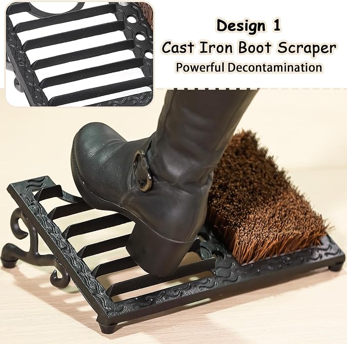 Cast Iron Boot Brush Scraper Outdoor, Black Heavy Duty Boot Scrubber Brush with Angled Design, Outdoor Shoe Scrapers with Brushes, All Weather Boot Scraper for Home Porch Entryway Garden Farmhouse