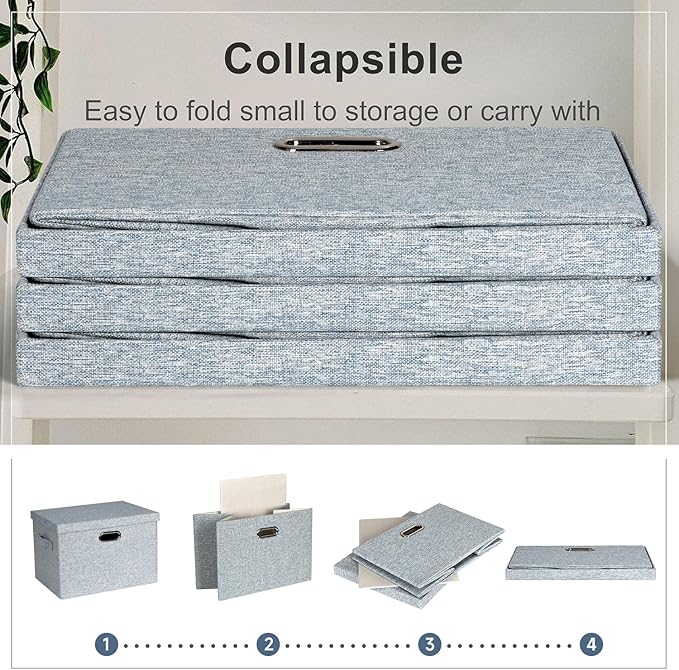 Graciadeco Large 17" 36 Quart Collapsible Stackable Storage Bins with Lids, 3 Packs Blue-Grey Linen Fabric Closet Boxes with Lids, Storage Cube Baskets Container Organizers for Bedroom (17x12x11)