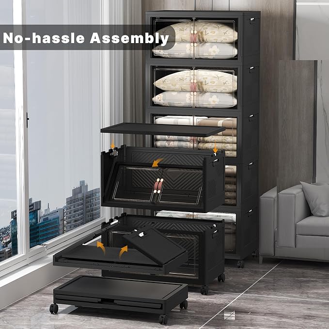 Stackable Storage Bins, 875QT Collapsible Drawers with 2 Lids | Large Capacity, Magnetic Door, Stack Lock, Rolling Wheels, Foldable Design, Organizers and Storage for Bedroom Dorm Garage