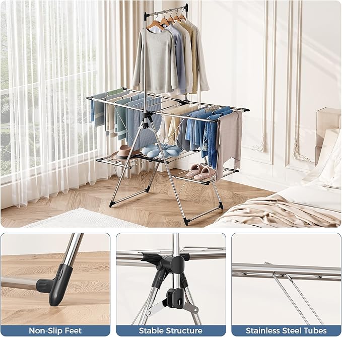 APEXCHASER Large Capacity Foldable Clothes Drying Rack, Heavy Duty Stainless Steel Laundry Drying Rack with Top Hanger, Multi-Layer Indoor Outdoor Air Dryer for Home Balcony Laundry Room
