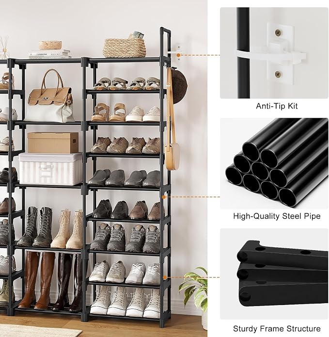 WOWLIVE 9 Tiers Large Shoe Rack Storage Organizer for Closet 50-55 Pairs Shoe Tower Unit Shelf Stackable Shoe Rack with Metal Pipes Plastic Connectors Black(SSS3B9)