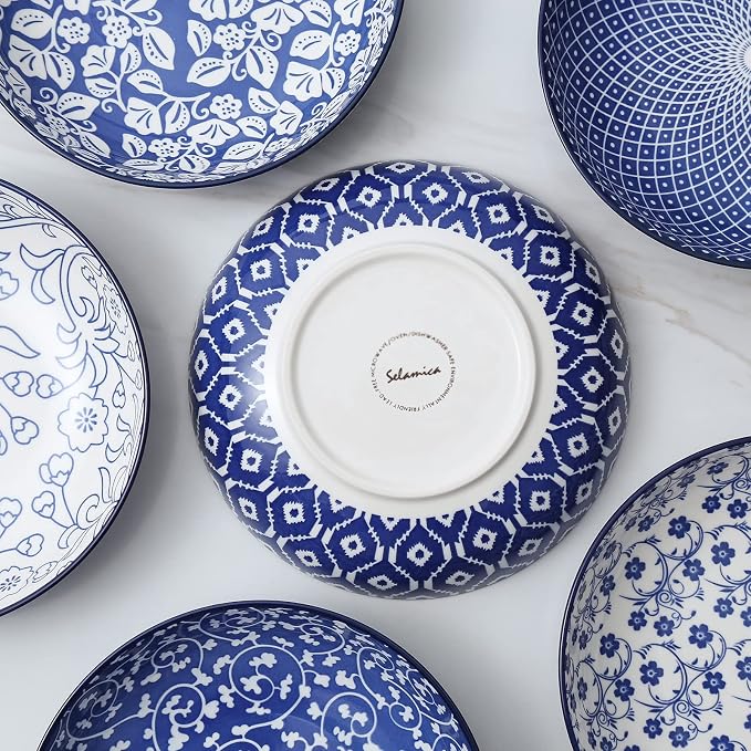 Selamica Porcelain 26 Ounce Pasta Bowls Set of 6, 8 inch Wide and Shallow Salad Bowls, Serving Bowls, Microwave & Dishwasher Safe, Sturdy & Stackable, Vintage Blue