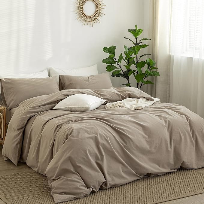 MooMee Duvet Cover Set 100% Washed Cotton Linen Like Queen | Relaxed Linen-like Texture. Soft, Breathable & Long-lasting Comfort. Lightweight. Hidden Zipper with 8 Interior Corner Ties