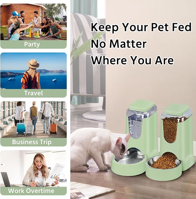 2 Pack Automatic Cat Feeder and Stainless Steel Water Dispenser, Gravity Dog Waterer Set Food Feeder and Waterer Set for Small Medium Kitten Puppy Pets(1 Gallon x 2, Green)