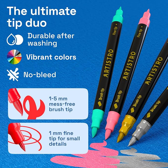 ARTISTRO 12 Dual-Tip Fabric Markers Decorating Kit, Permanent for Clothes | Brush & Fine Tip, Acrylic Paint Pens for Sneakers, Bags, Shoes, Textiles, Canvas, Sewing, Craft, & DIY