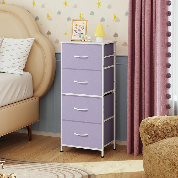 WLIVE Small Dresser Nightstand for Bedroom, 4 Drawers, Purple | 4 vertical fabric drawers, Space-saving tower, Bedroom or closet use, Chest of drawers, Dresser for small spaces