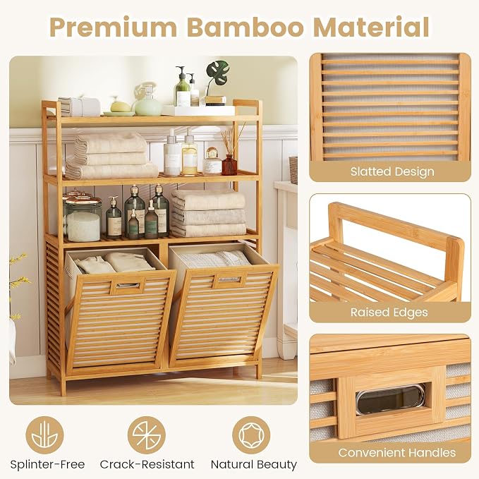 Giantex Double Tilt Out Laundry Hamper with 3-Tier Storage Shelf | 14 Gal Bamboo Laundry Storage Cabinet w/Removable Laundry Baskets, Laundry Sorter Organizer for Bathroom Living Room Bedroom
