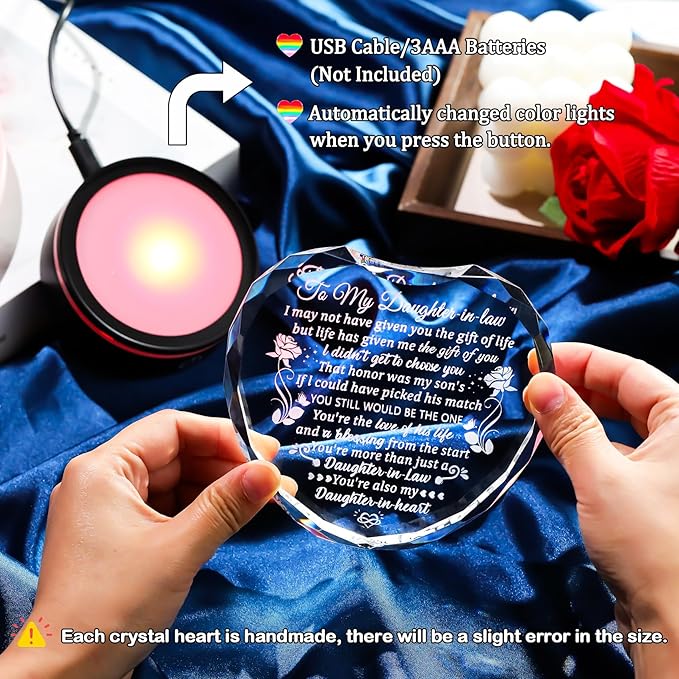 Arikyrist Crystal Heart Gifts for Daughter in Law from Mother in Law with LED Light Base on Wedding Birthday Mother's Day, to My Bonus Daughter Gift Idea Unique Keepsake