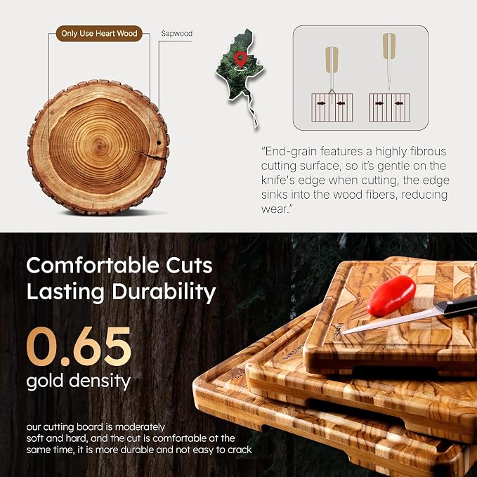 Teak Wood Extra Large End Grain Cutting Board for Kitchen with Non-slip Feet, Heavy Duty Checkered Cutting Board with Juice Groove & Handle Handcrafted Luxury Chopping Board for Meat, Vegetables