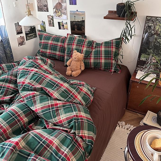 mixinni Vintage Green Buffalo Plaid Washed Cotton Duvet Cover Queen - Soft Breathable Textured Bedding Set with Zipper Closure for All Seasons-1 Duvet Cover + 2 Pillow Shams-Queen Size