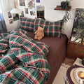 mixinni Vintage Green Buffalo Plaid Washed Cotton Duvet Cover Queen - Soft Breathable Textured Bedding Set with Zipper Closure for All Seasons-1 Duvet Cover + 2 Pillow Shams-Queen Size