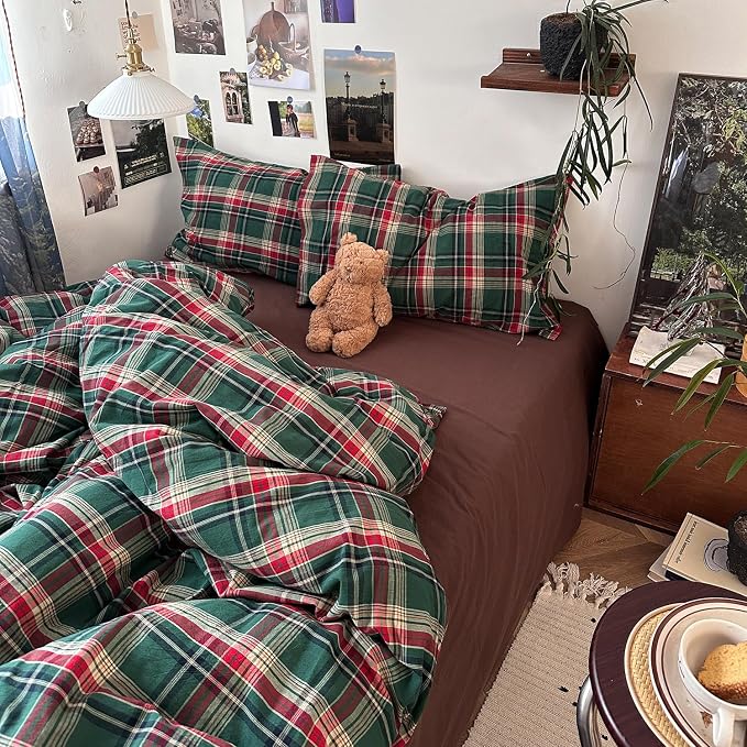 mixinni Vintage Green Buffalo Plaid Washed Cotton Duvet Cover King - Soft Breathable Textured Bedding Set with Zipper Closure for All Seasons-1 Duvet Cover + 2 Pillow Shams-King Size