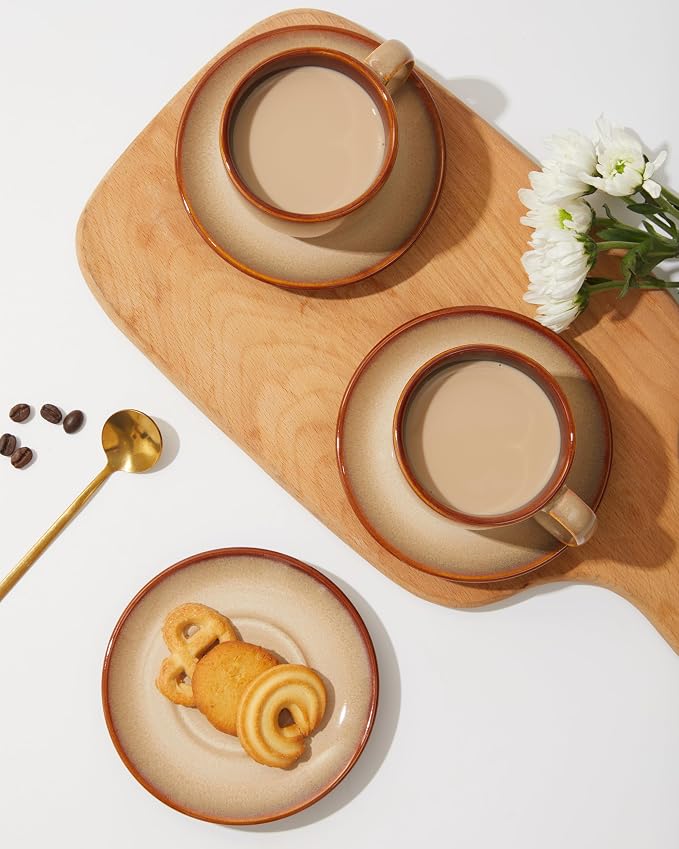 Pokini Stoneware Coffee Cups with Saucers, 6 Oz Cappuccino Cups Set of 4, Microwave & Dishwasher Safe, Perfect For Tea, Espresso, Latte, Ceramic Mugs for Kitchen or Cafe, Brown Yellow