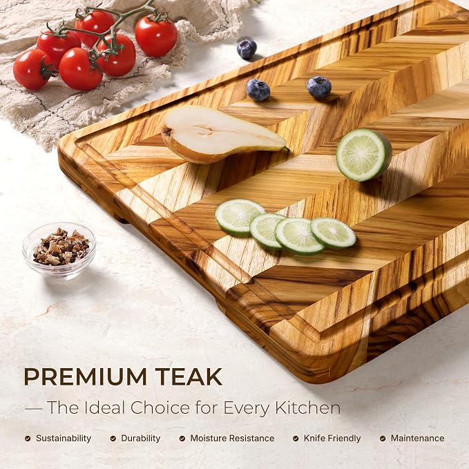 Teak Wood Cutting Board for Kitchen Extra 20'' Large End Grain Heavy Duty Checkered Wooden Cutting Board Non Toxic Herringbone Non Slip Charcuterie Butcher Block Juice Groove Handle Gift Box