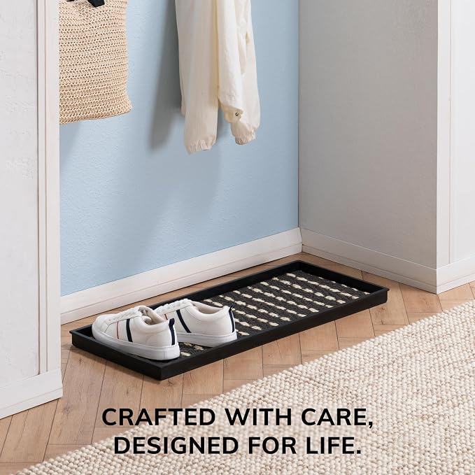 Anji Mountain Heavy Duty Waterproof Rubber Shoe Storage Mat Organizer/Boot Storage Tray Multi Use For Entryway with Coir, Gray and Ivory Insert , Fits 3 Pair (34.5" Wide)