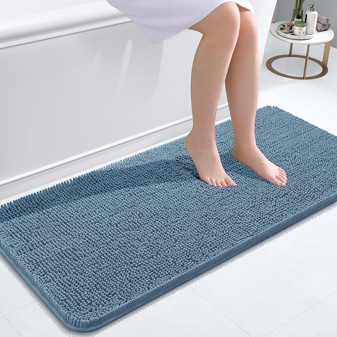 OLANLY Bathroom Runner Rugs 47x20, Soft Absorbent Chenille Bath Rugs, Rubber Backing Quick Dry, Machine Washable Long Bath Mats for Bathroom Floor, Tub and Shower, Home Decor Accessories, Airy Blue