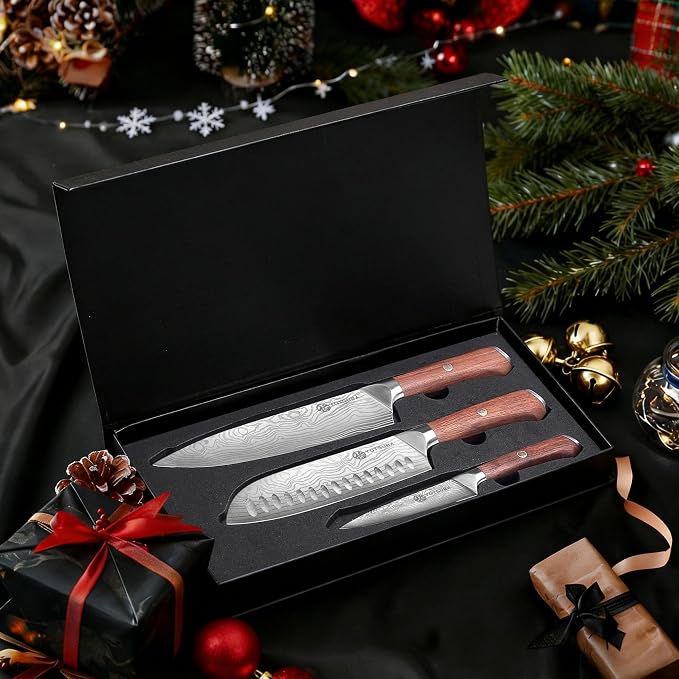 YOTSUBA 3 PCS Japanese Kitchen Knife Set, Razor Sharp High Carbon Stainless Steel Chef Knives with Ergonomic Natural Rosewood Handle, Premium Gift Box for Home & Restaurant Use