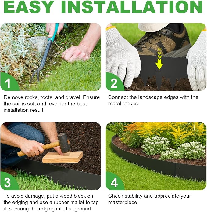 4-Pack Metal Landscape Edging (13ft Total), 40" x 6.5" Steel Garden Edging Border w/ 4 Stakes, Rustproof Hammer-in Edging for Landscaping, Lawn, Yard, Tree Rings, Flower Beds