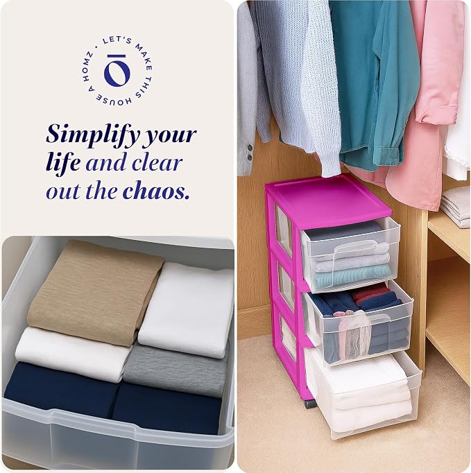 HOMZ Drawer Tower, 3-Tier Clear Plastic Storage Organizer Cart, Purple Frame - Rolling Drawer Containers with Wheels for Bathroom, Bedroom, Office, and Classroom Organization