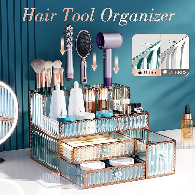 Youdepot Makeup Organizer Countertop - Tempered Glass Vanity Organizer for Cosmetics, Skincare, Hair Tools, Brushes, Perfume - Multipurpose Bathroom Counter Skincare Organizer