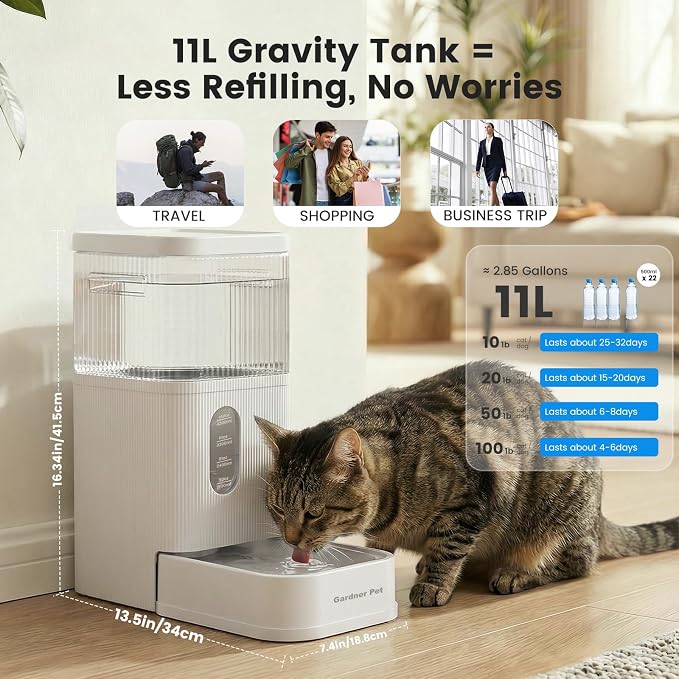 Gardner Pet 2.9 Gallon Automatic Dog Water Bowl Dispenser 11L Gravity Water Feeder with Stainless Steel Bowl & Maifan Stone Filter, BPA-Free for for Cats and Dogs (White, 2.9 Gallon)
