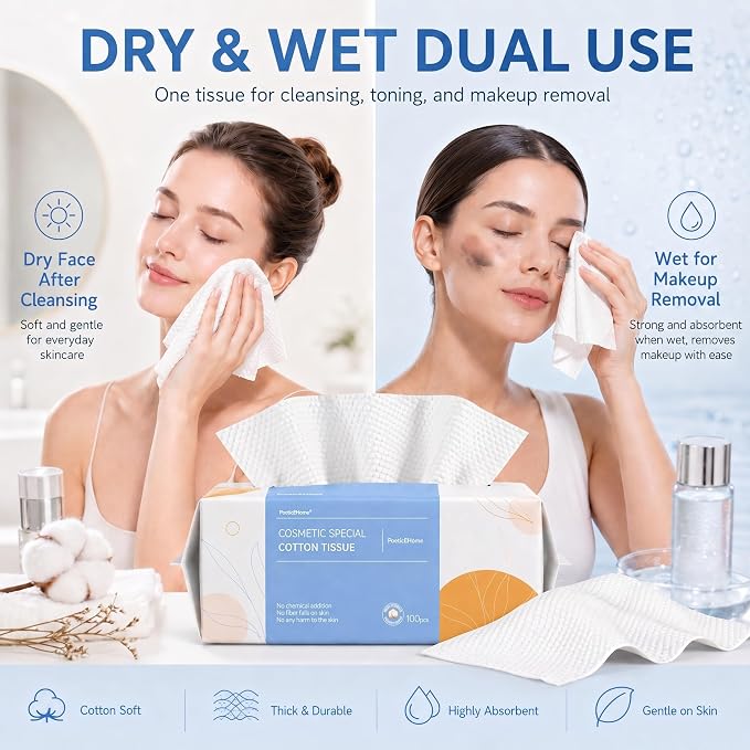 PoeticEHome Soft Dry Wipe 6 Pack, 100% Cotton Face Tissues, Lint Free Facial Cleansing Towels Disposable, Extra Thick Dry and Wet Use for Sensitive Skin, Makeup Removing, Surface Cleaning (600 Count)