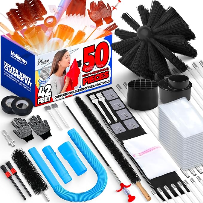 Holikme Dryer Vent Cleaner Kit Dryer Cleaning Tool Include Dryer Vent Brush, Omnidirectional Blue Dryer Lint Vacuum Attachment Dryer Lint Trap Brush, Vacuum & Dryer Adapters