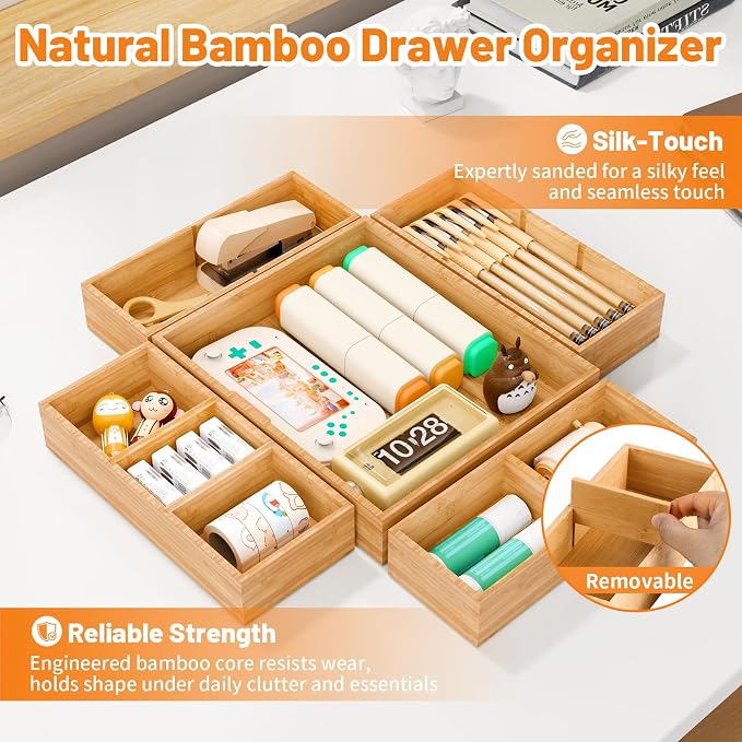 SpaceWhisper Bamboo Drawer Organizer, 10-Piece Drawer Divider with Removable Dividers for Organization and Storage, Multi-Use Stackable Storage Box & Utensil Holder for Kitchen, Office, Makeup & More