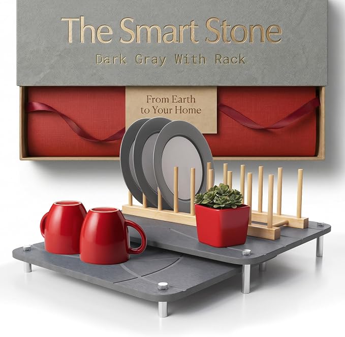 Nested Dish Drying Stone Mat with Bamboo Rack | Large 16"x12" Dish Drying Mat plus 13"x12" Diatomaceous Earth Stone Mat | Expands to 29” x 12” | Premium Stone Mat for Kitchen Counter (Dark Gray)