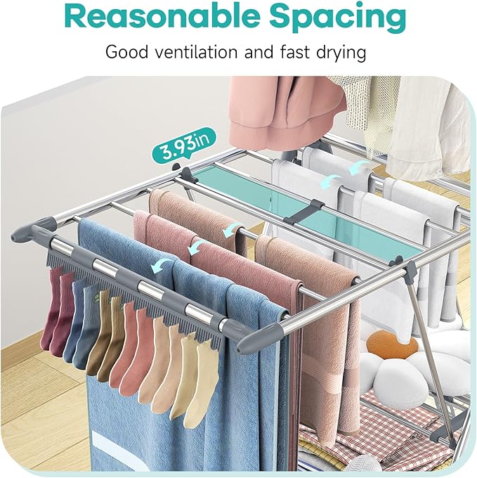 APEXCHASER Clothes Drying Rack with High Hanger, Foldable 3-Level Drying Racks with Shoe Rack, Crossbar and Vertical Rod Laundry Stand with Adjustable Wings Grey