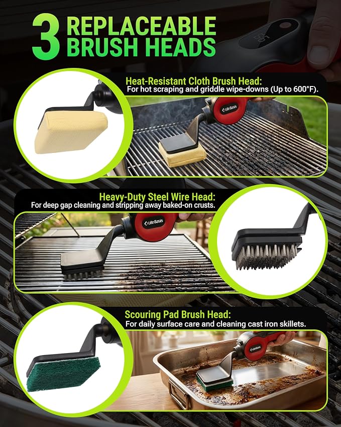 LifeBasis Cordless Electric BBQ Grill Cleaning Brush | Rechargeable with 180-minute Runtime, 3 Replaceable Heads, LED Light and Powerful Reciprocating Cleaning for Outdoor Grates